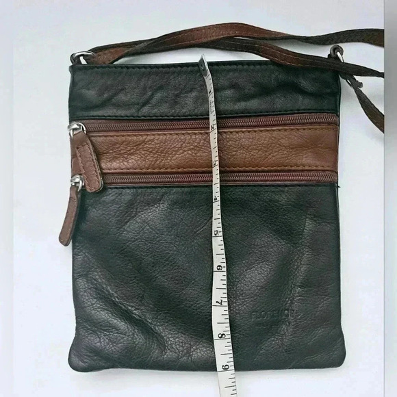 Florence 100% Black & Brown Leather Crossbody Adjustable Strap  Zipper purse - Picture 3 of 9